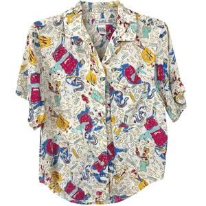 Chaus Vintage Novelty Print Button Down Shirt 90s Preppy Art Women Small